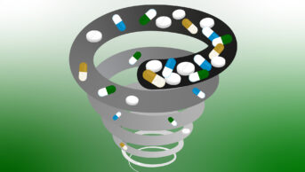 Spiral showing number of pills, tablets and capsules decreasing as spiral descends on green background