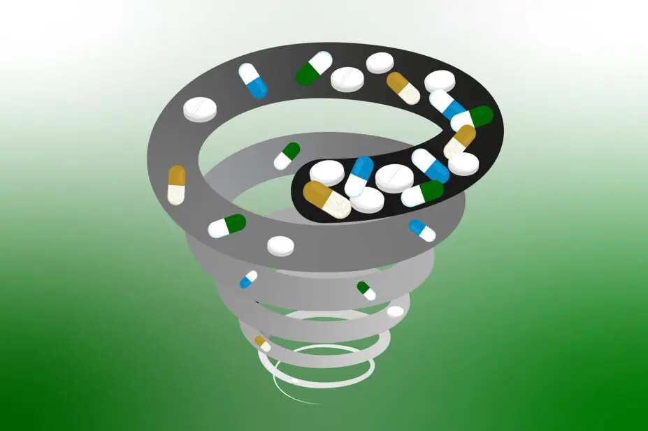 Spiral showing number of pills, tablets and capsules decreasing as spiral descends on green background