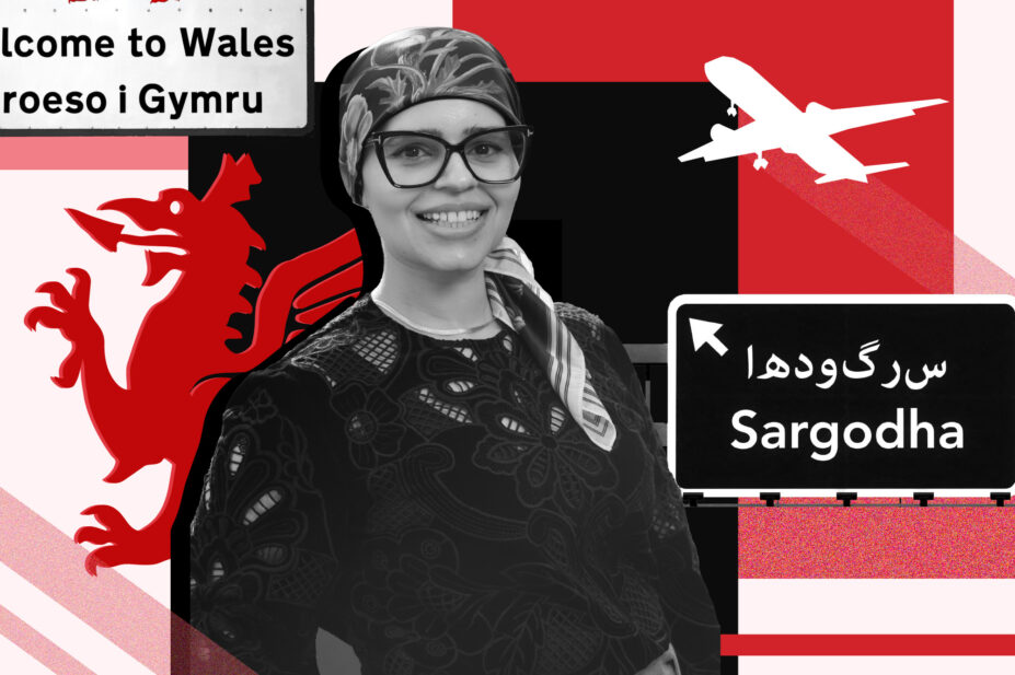 Rafia Jamil stands in front of a red and black backdrop, she wears glasses, headscarf and black top. She smiles. In the background is a sign for Wales, a Welsh dragon in red, a street sign for Sargodha and a silhouette of a plane