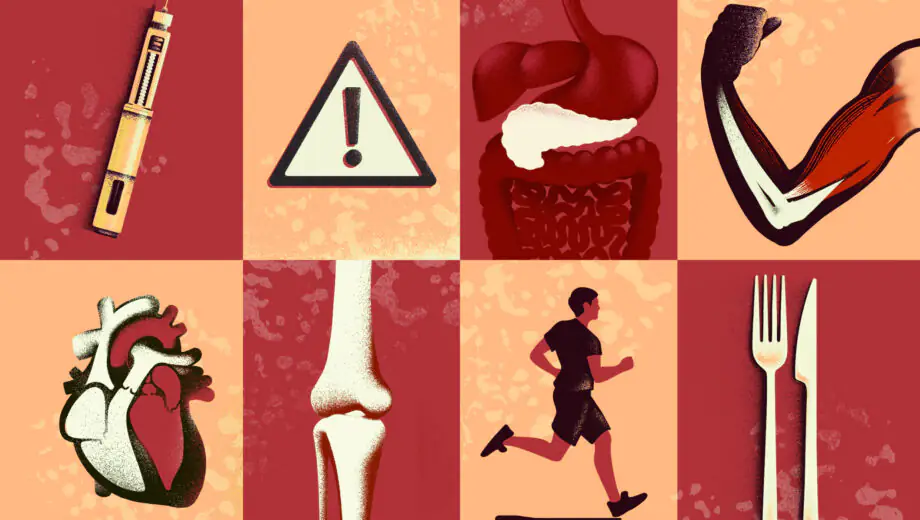 Panels showing injector pen, warning sign, pancreas, muscles, heart, bone, a runner and knife and fork