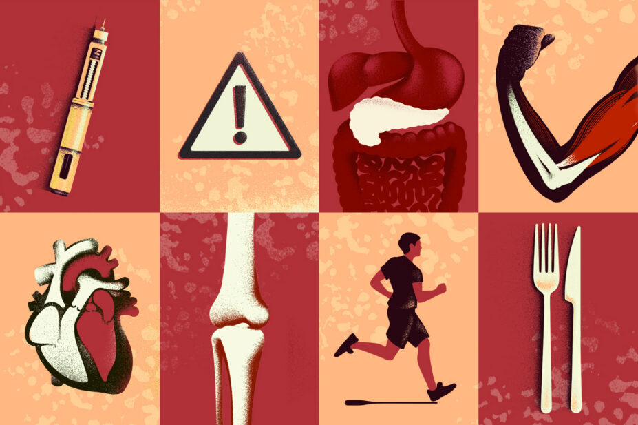 Panels showing injector pen, warning sign, pancreas, muscles, heart, bone, a runner and knife and fork