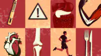 Panels showing injector pen, warning sign, pancreas, muscles, heart, bone, a runner and knife and fork