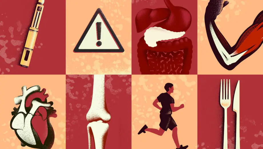 Panels showing injector pen, warning sign, pancreas, muscles, heart, bone, a runner and knife and fork