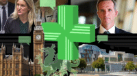 Collage of pharmacy cross, Westminster Holyrood and Welsh dragon, images of MPs