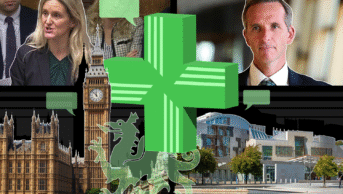 Collage of pharmacy cross, Westminster Holyrood and Welsh dragon, images of MPs