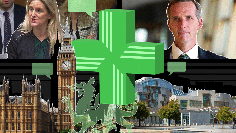 Collage of pharmacy cross, Westminster Holyrood and Welsh dragon, images of MPs