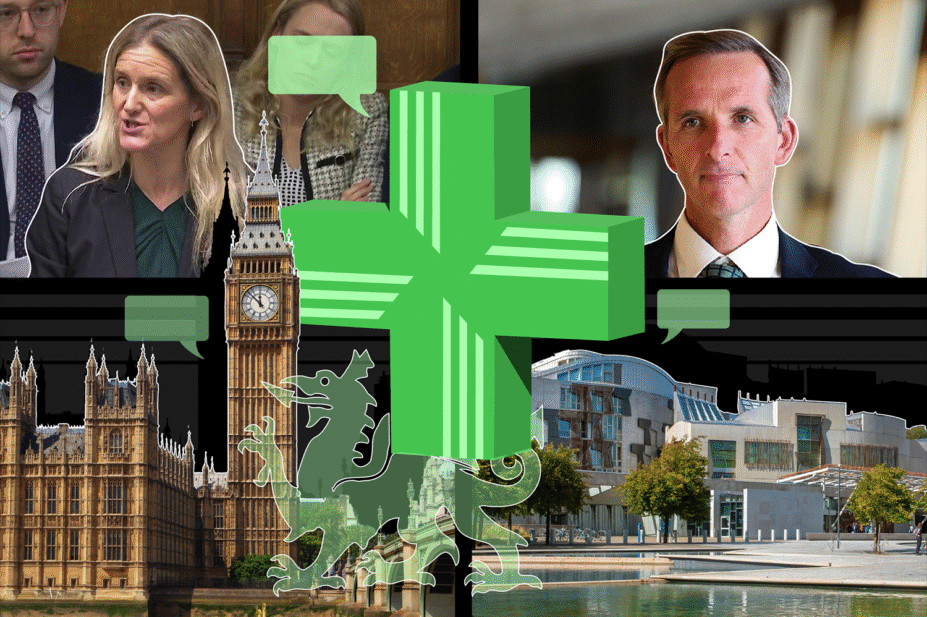 Collage of pharmacy cross, Westminster Holyrood and Welsh dragon, images of MPs