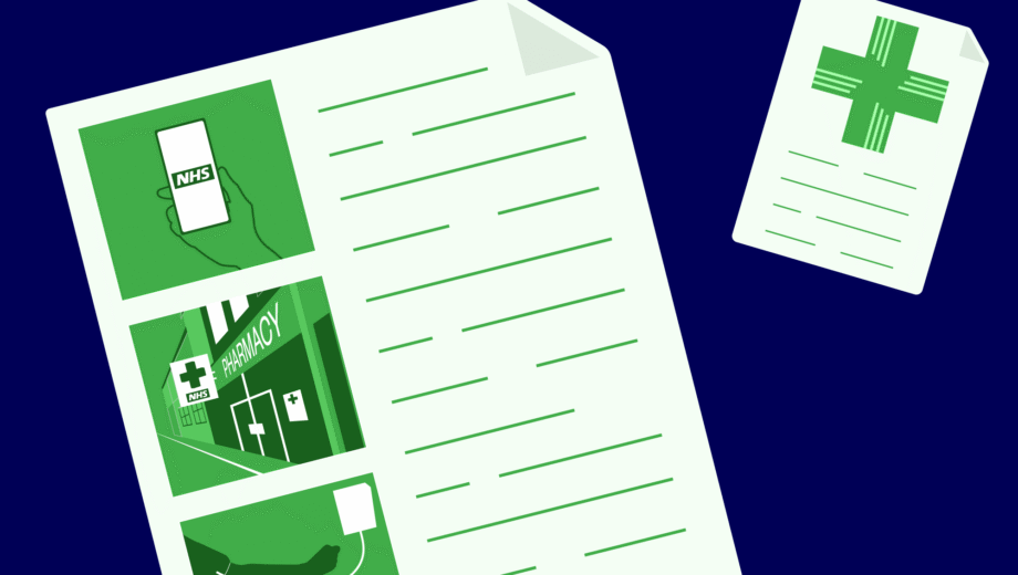 Dark blue background, in the foreground is a page with the 3 10 year plan categories represented and another smaller page with the pharmacy green cross