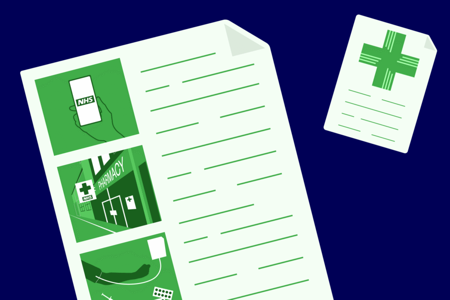 Dark blue background, in the foreground is a page with the 3 10 year plan categories represented and another smaller page with the pharmacy green cross