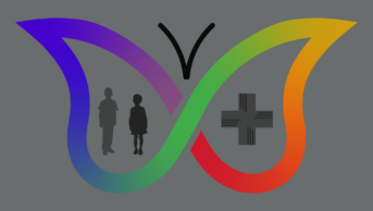 Grey background, adhd symbol (colourful butterfly) with silhouettes of children and pharmacy cross in the wings