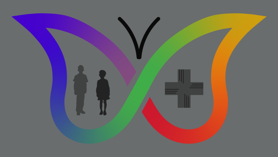 Grey background, adhd symbol (colourful butterfly) with silhouettes of children and pharmacy cross in the wings