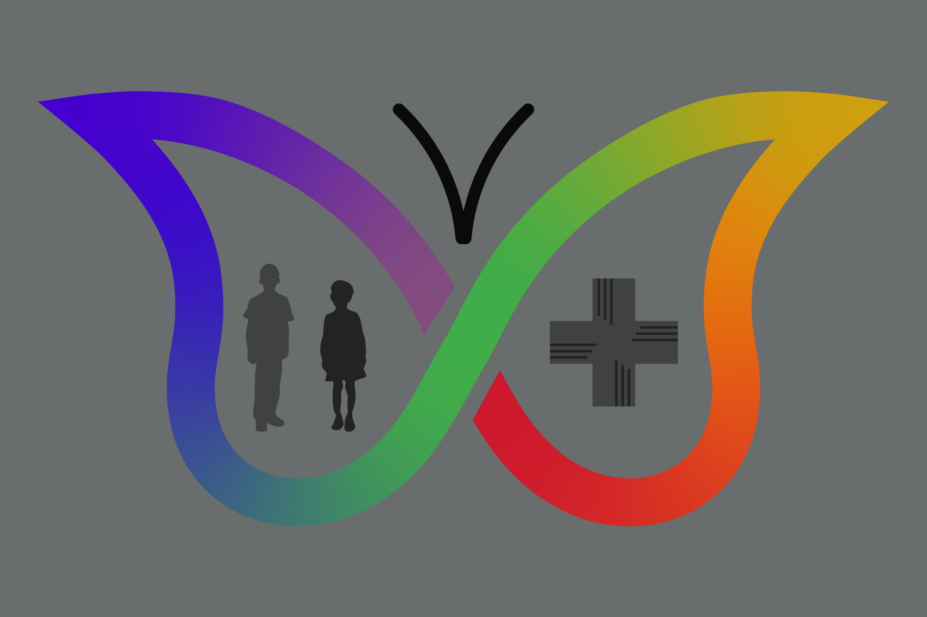 Grey background, adhd symbol (colourful butterfly) with silhouettes of children and pharmacy cross in the wings