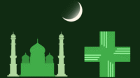 Dark green background with crescent moon, mosque and pharmacy cross