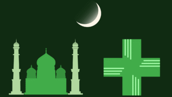 Dark green background with crescent moon, mosque and pharmacy cross