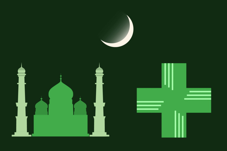 Dark green background with crescent moon, mosque and pharmacy cross