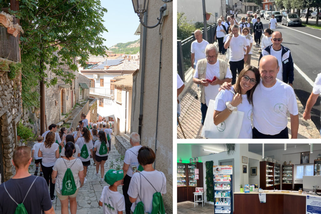 3 Images of the walk. First scene people are walking downhill between walls, second towards the camera along a road and third is the pharmacy.