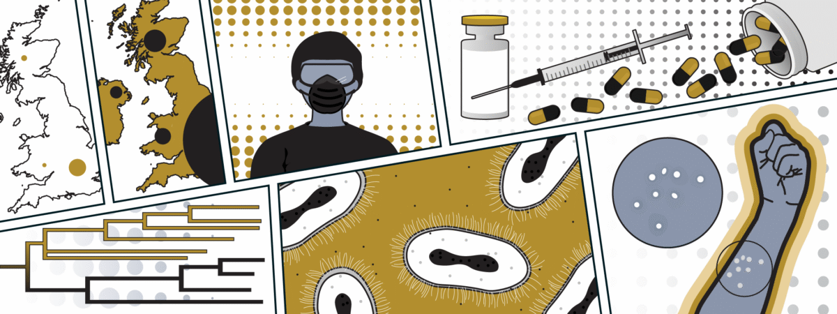 Comic book style artwork, each window shows mpox related things. PPE, vaccines, arm with rash, mpox virus morphology and cladogram showing split into clade I and II.