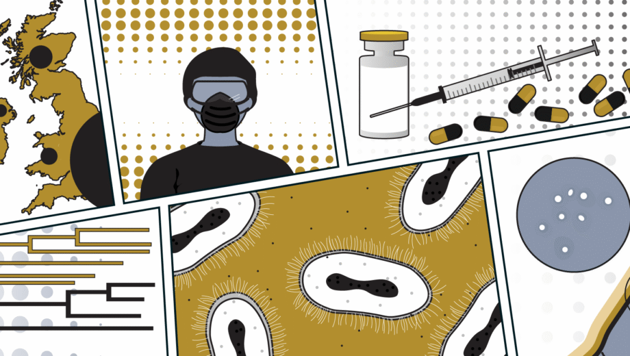 Comic book style artwork, each window shows mpox related things. PPE, vaccines, arm with rash, mpox virus morphology and cladogram showing split into clade I and II.