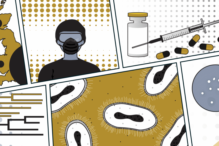 Comic book style artwork, each window shows mpox related things. PPE, vaccines, arm with rash, mpox virus morphology and cladogram showing split into clade I and II.