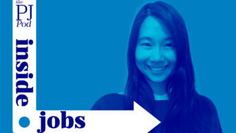 Inside jobs, pj logo. Blue background with Li Shean Toh featured