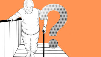 Elderly woman with walking stick ascends stairs. Illustration in black and white with orange background