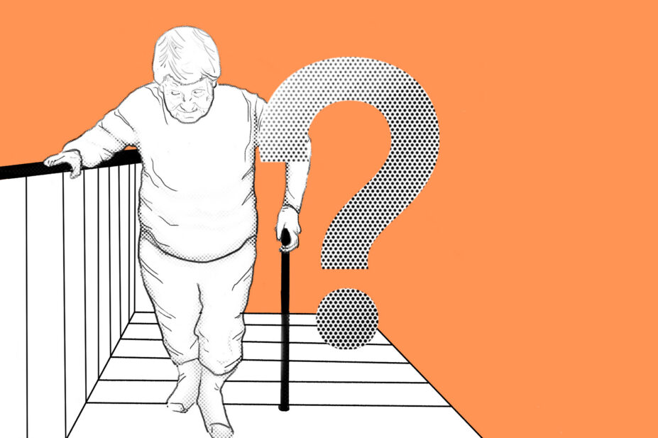 Elderly woman with walking stick ascends stairs. Illustration in black and white with orange background