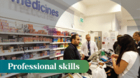 Queue of people at medicines counter at boots the chemist, letter written over the image: Professional Skills
