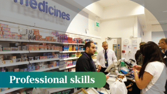 Queue of people at medicines counter at boots the chemist, letter written over the image: Professional Skills