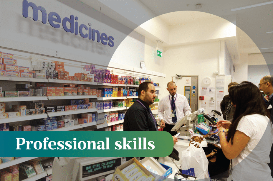 Queue of people at medicines counter at boots the chemist, letter written over the image: Professional Skills