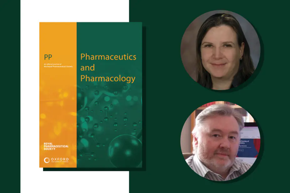 Catherine and Gary portraits on a dark green background with the new journal cover shown