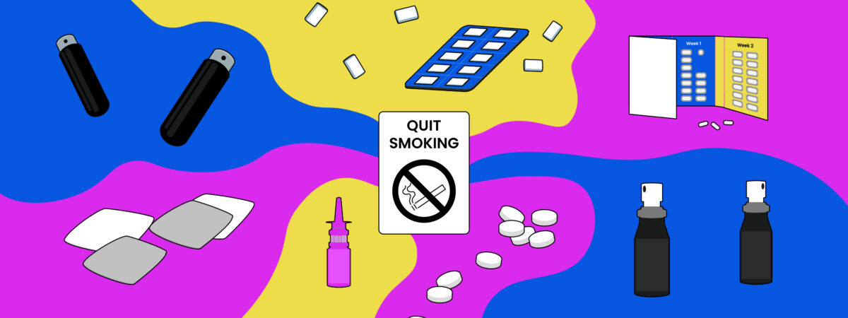 Pink yellow bright blue colour scheme. In the centre a poster saying 