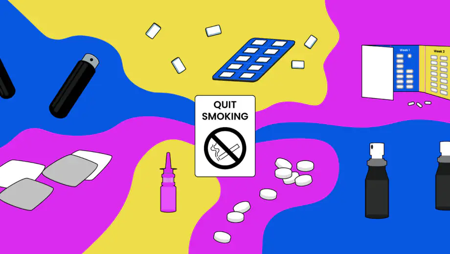 Pink yellow bright blue colour scheme. In the centre a poster saying 