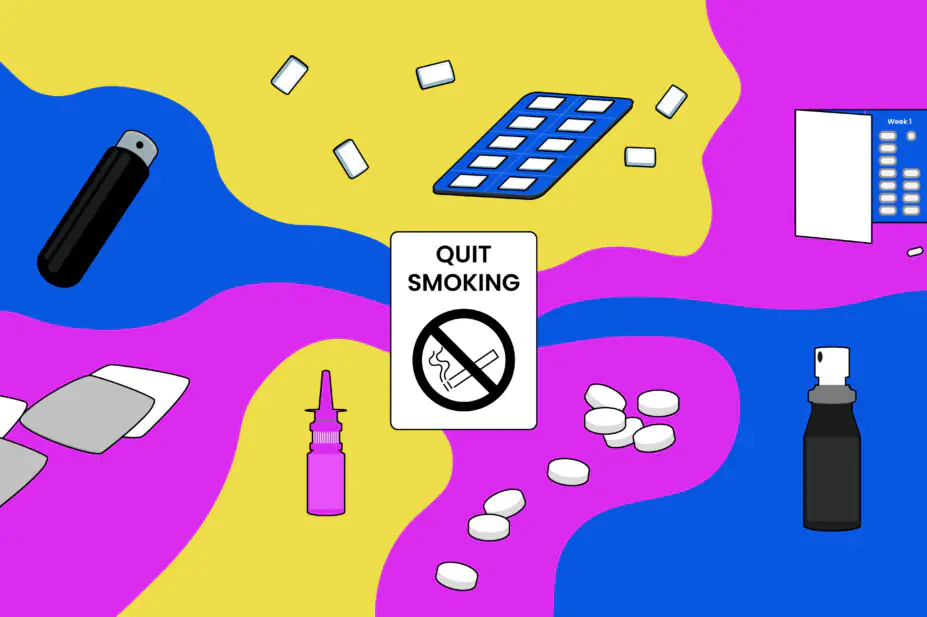 Pink yellow bright blue colour scheme. In the centre a poster saying 