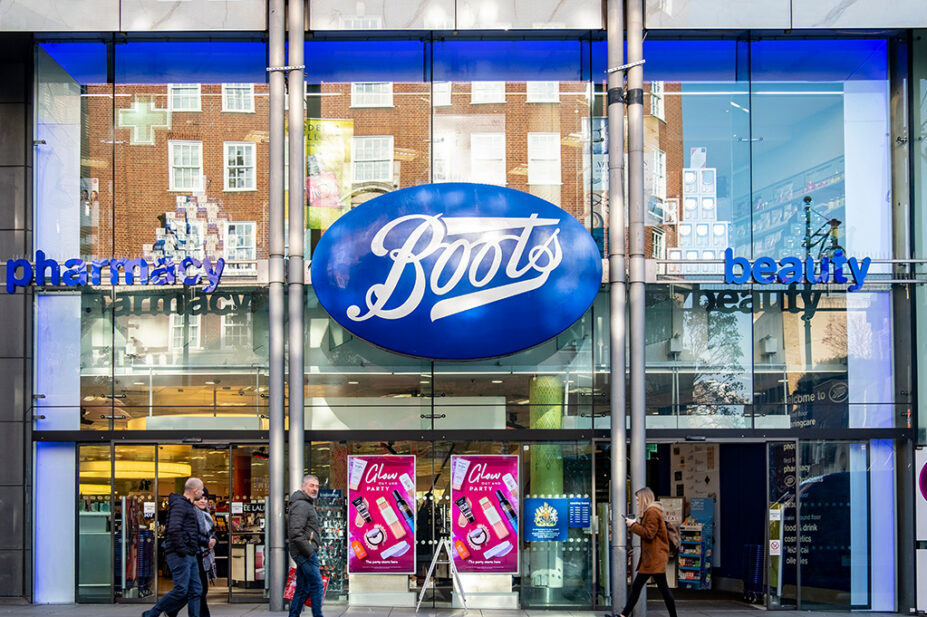 Boots store frontage in London, UK