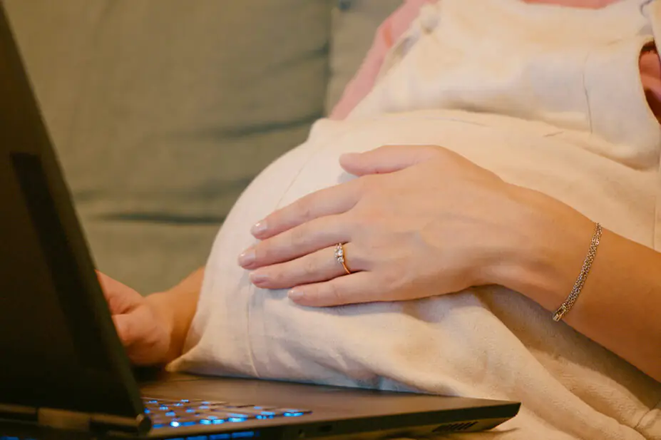 Pregnant woman on her laptop, on a sofa