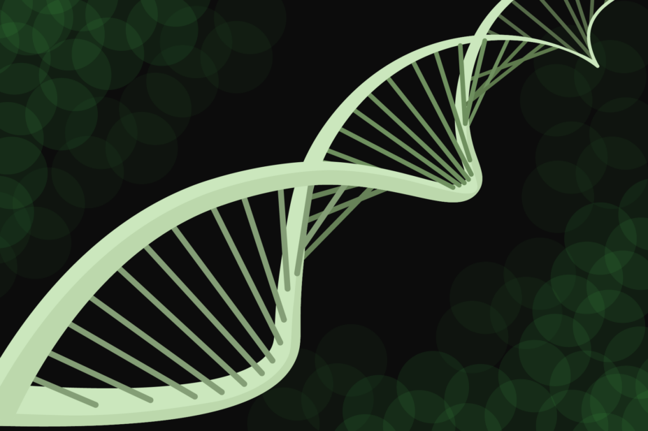 Green DNA helix coming towards the viewer