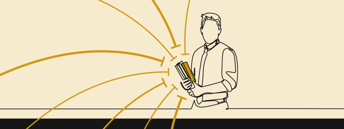 Yellow background with black line drawing of a male pharmacist holding a stack of books and notes, yellow lines try to make contact with the notes but stop just short