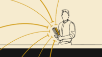 Yellow background with black line drawing of a male pharmacist holding a stack of books and notes, yellow lines try to make contact with the notes but stop just short