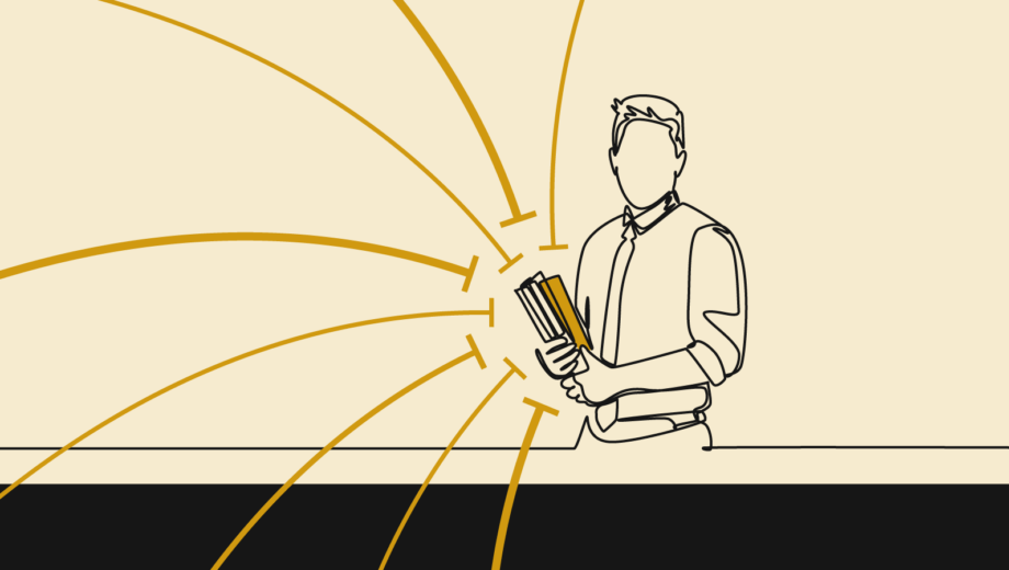 Yellow background with black line drawing of a male pharmacist holding a stack of books and notes, yellow lines try to make contact with the notes but stop just short
