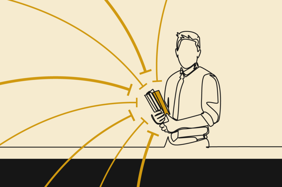 Yellow background with black line drawing of a male pharmacist holding a stack of books and notes, yellow lines try to make contact with the notes but stop just short