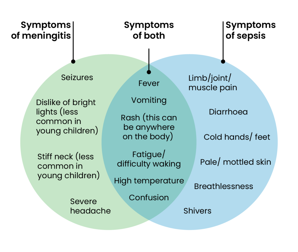 Venn diagram showing on the left: symptoms of meningitis, which are the following: • Severe headache • Stiff neck (less common in young children) • Dislike of bright lights (less common in young children) • Seizures On the right are the symptoms of sepsis, which are the following: • Limb/joint/ muscle pain • Diarrhoea • Cold hands/ feet • Shivers • Pale/ mottled skin • Breathlessness And symptoms of both are: • Fever • Vomiting • High temperature • Rash (this can be anywhere on the body) • Fatigue/ difficulty waking • Confusion