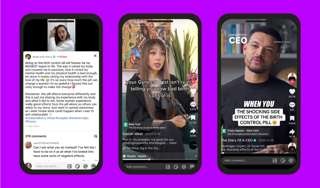 Purple background with 3 phones showing TikTok screenshots.