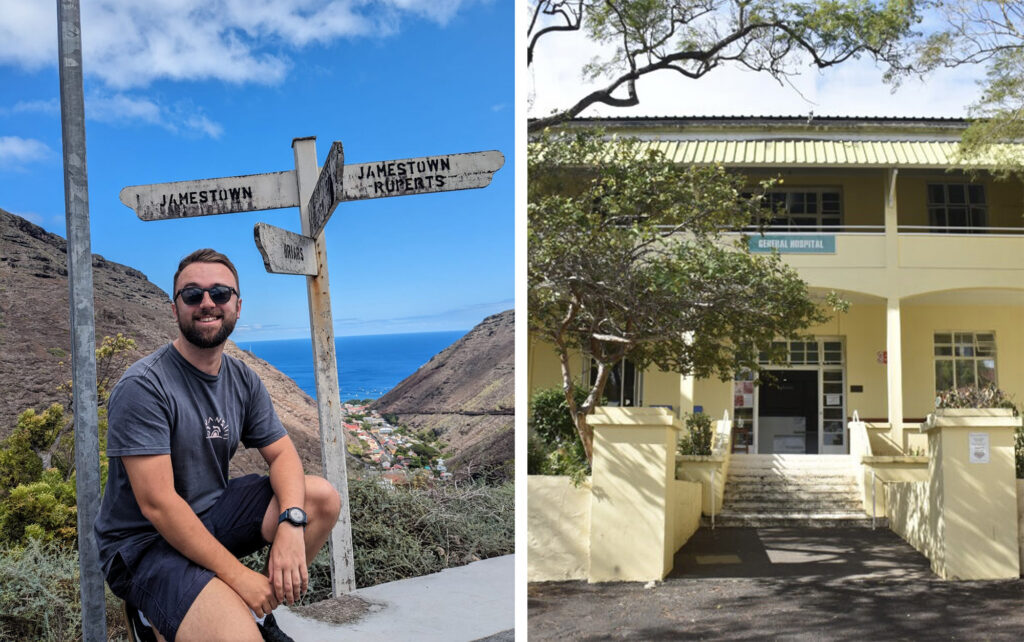 Left image: James sits beside signposts to Jamestown, with the sea and hills in the background, right: the general hospital