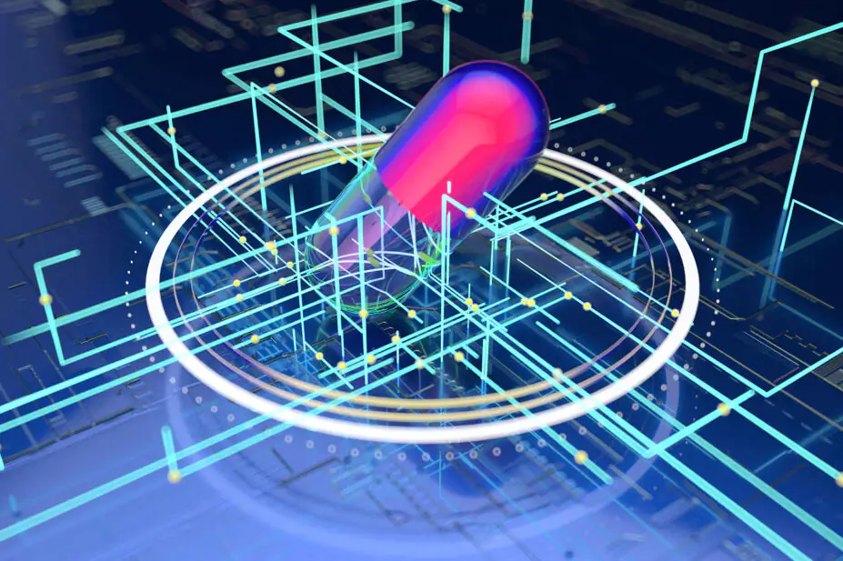 AI drug development, conceptual illustration, pink and transparent pill on a dark blue background with white circles, and intersecting light blue lines