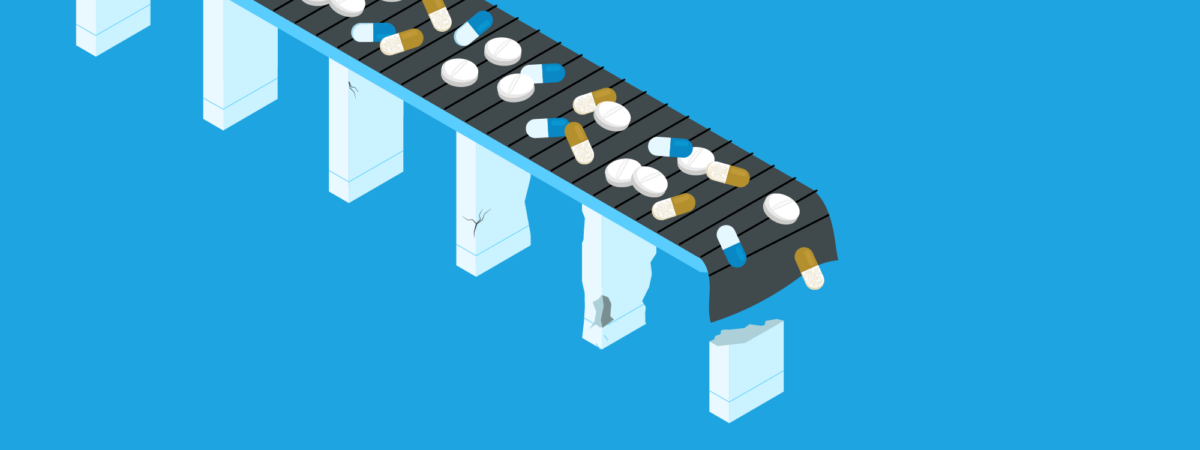 Blue background with conveyor belt / bridge with pills moving along to the end where the bridge pillars are cracked and failing