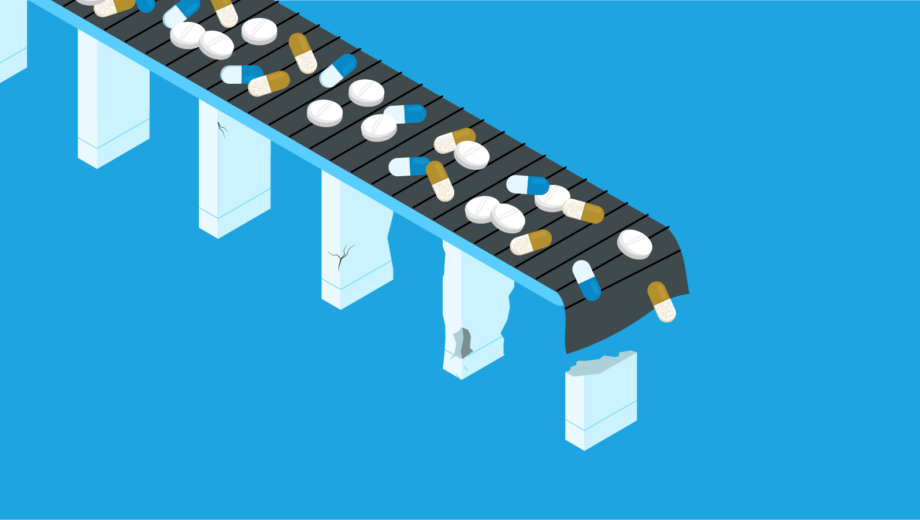 Blue background with conveyor belt / bridge with pills moving along to the end where the bridge pillars are cracked and failing