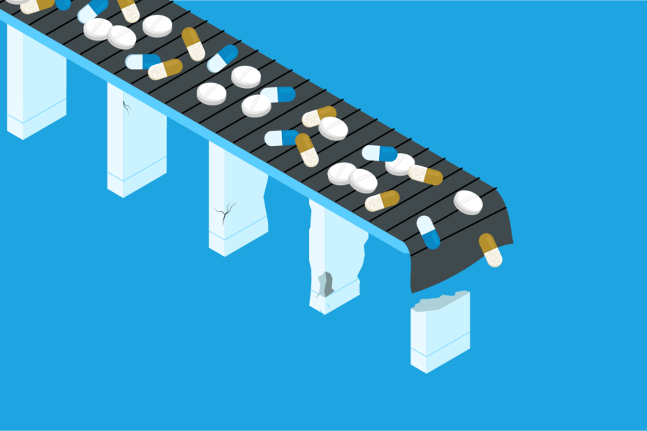 Blue background with conveyor belt / bridge with pills moving along to the end where the bridge pillars are cracked and failing