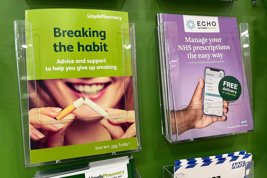 Brochures for medical advice, including stop smoking, are pictured inside pharmacy