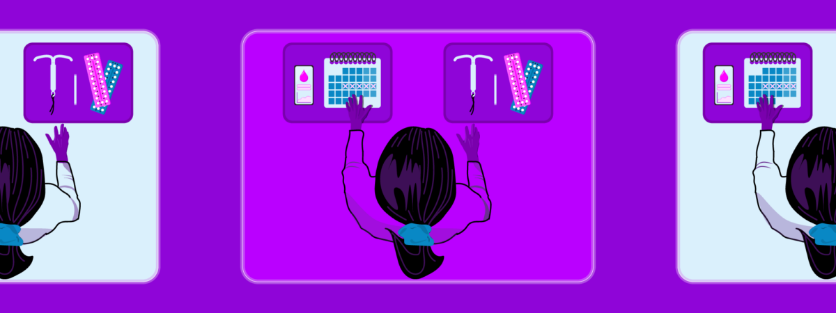 Purple background with a woman in the middle from a birds-eye-view. She has 2 hands reaching out, on one side is hormonal contraception and the other natural, apps and a calendar for tracking period