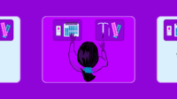 Purple background with a woman in the middle from a birds-eye-view. She has 2 hands reaching out, on one side is hormonal contraception and the other natural, apps and a calendar for tracking period